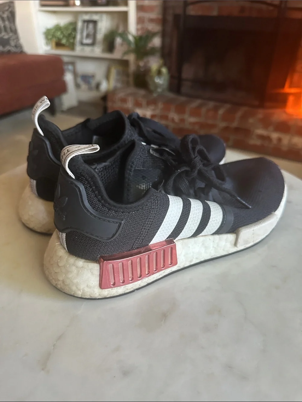 adidas Boost Women’s Black Sneakers with White Stripes and Pink Accent